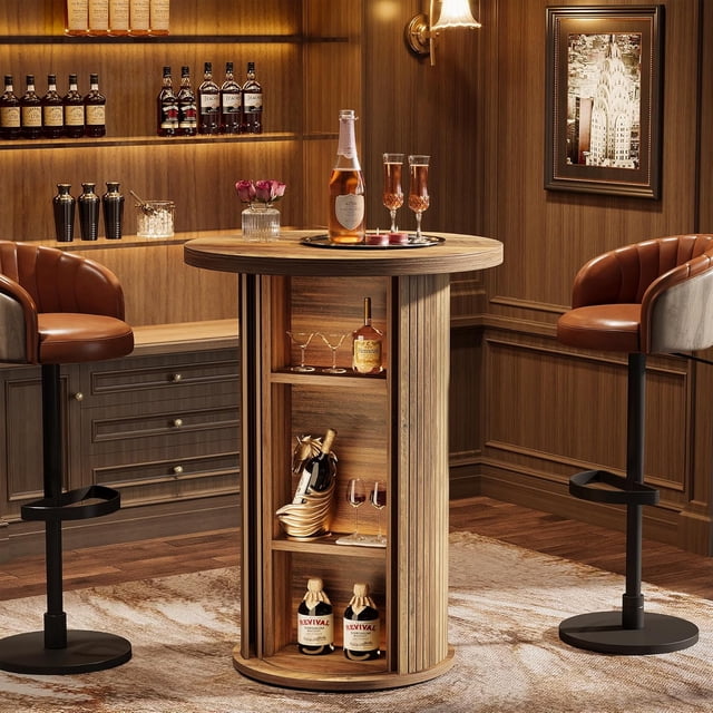 Tribesigns 35.4" Round Bar Table with 3-Tier Hidden Storage, Rustic High Top Cocktail Table with Slide Door for Small Spaces, Kitchen, Parties (1, Brown)