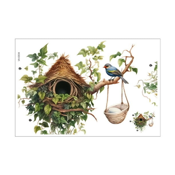 Pegatinas de pared con hojas pintadas, nido de pájaro, fondo despegable y , calcomanía decorativa para pared, papel tapiz para