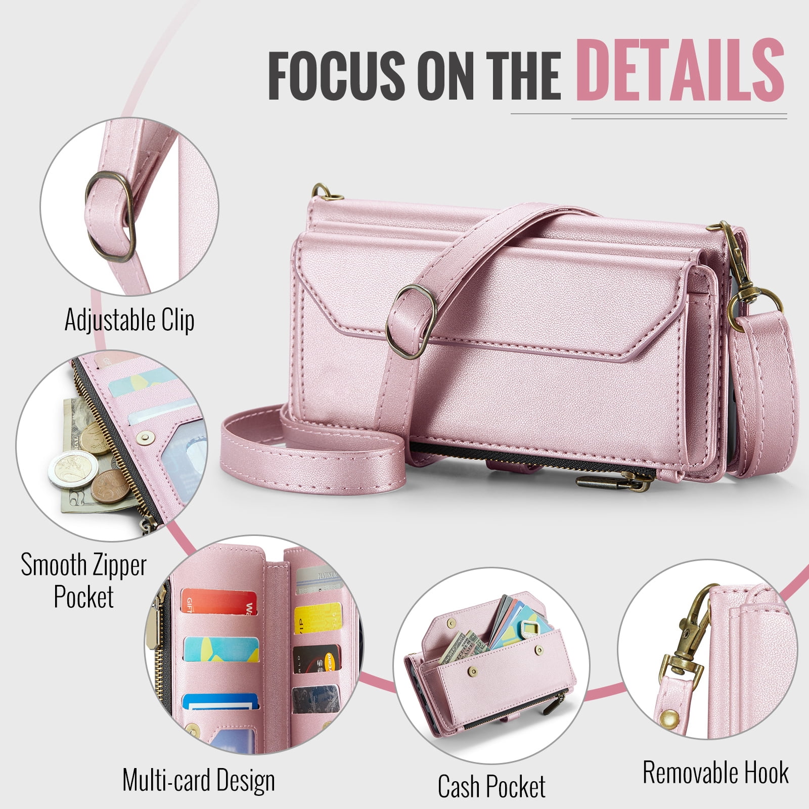 Compatible with Samsung Galaxy A32 5G 2021 6.5 inch Zipper Wallet Phone Case Tempered Glass Screen Protector Crossbody Lanyard Strap Flip Card Holder Slot Cell Cover for M32 A 32 32A Women Rose Gold