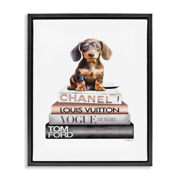 Stupell Industries Traditional Dachshund Puppy Bookstack Black Floating Frame Canvas Art, 17 x 21, by Amanda Greenwood