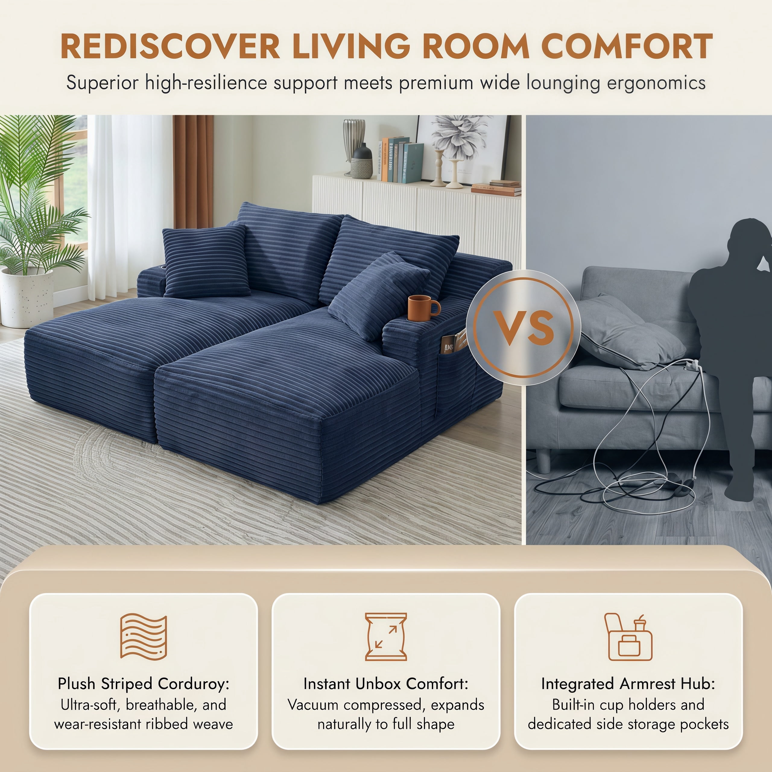 Modular Double Chaise Lounge Chair Indoor, 71" Wide Striped Corduroy Couch Set with Cup Holders & Storage Pockets for Living Room Home Theater, Blue
