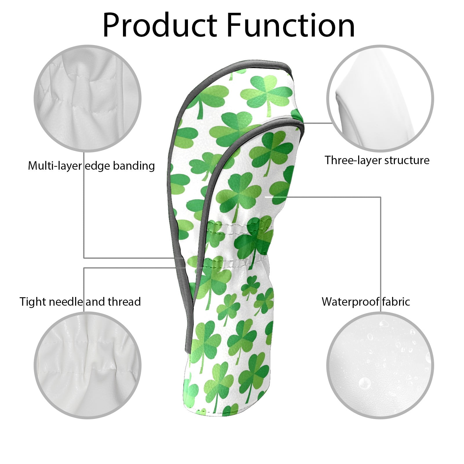 Golf Club Covers, Green Clover Premium PU Leather Driver Hybrid Putter Head Covers with Velvet Lining, Waterproof Golf Gifts for Men Women