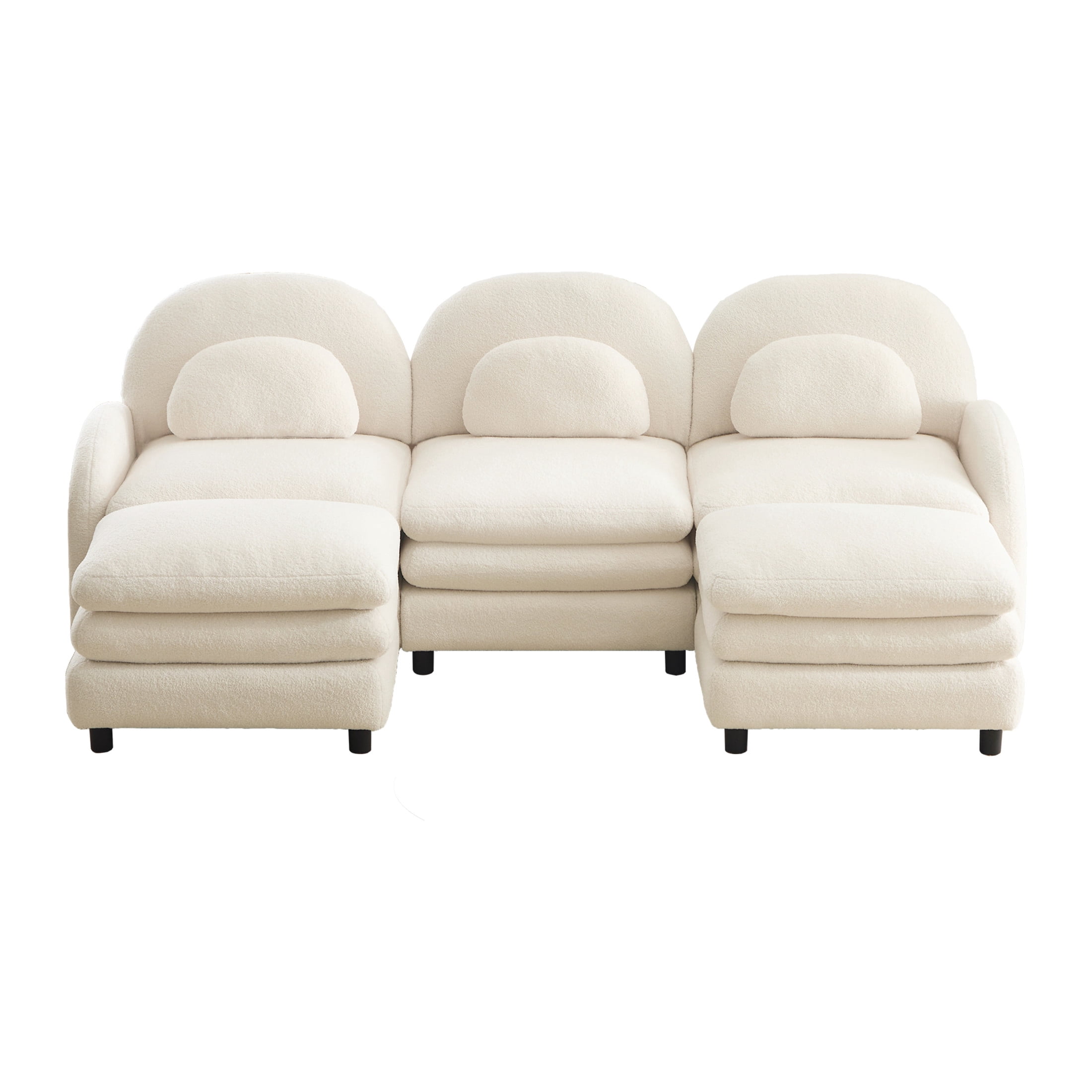 Noble House Windsor Teddy Fabric 3-Seater Sectional Sofa, Modular Cloud Couch with 2 Ottomans and Lumbar Pillows, Beige