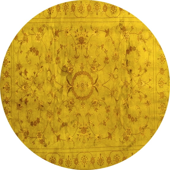 Ahgly Company Machine Washable Indoor Round Abstract Yellow Contemporary Area Rugs, 5' Round
