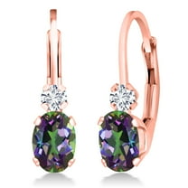Gem Stone King 18K Rose Gold Plated Silver Green Mystic Topaz and White Diamond Leverback Earrings for Women (1.27 Cttw, Gemstone Birthstone, Oval 6X4MM, Round 2MM, 3/4 inch)
