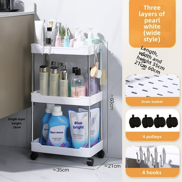 3-Tier Wide White Rolling Storage Cart: Heavy-Duty Plastic Mobile Organizer for Bathroom, Kitchen & Living Room – Space-Saving, Easy Assembly, Modern Design for Cosmetics, Kitchenware & Towels