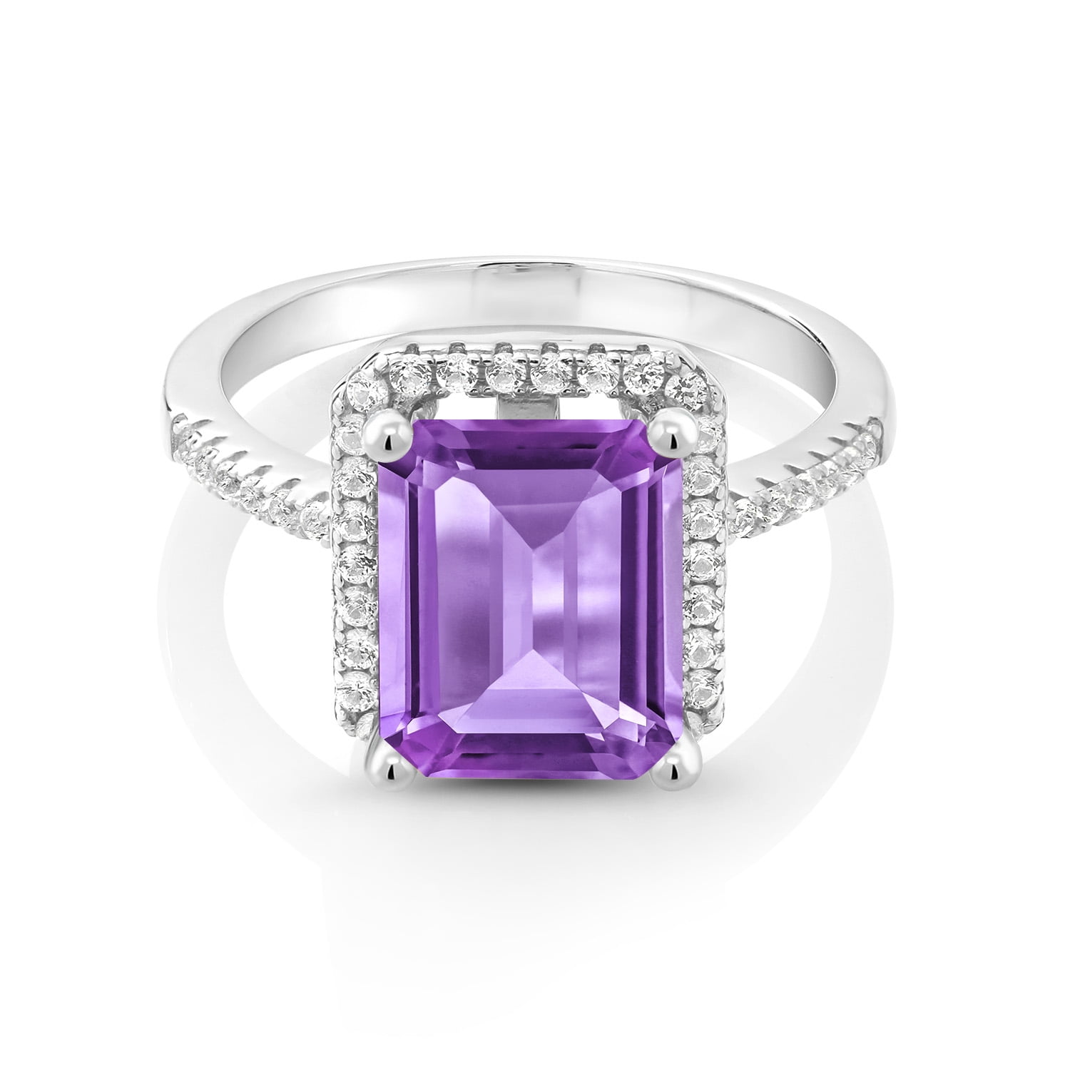 Gem Stone King 925 Sterling Silver Purple Amethyst Engagement Ring for Women (3.86 Cttw, Emerald Cut 10X8MM, Gemstone February Birthstone, Size 5)