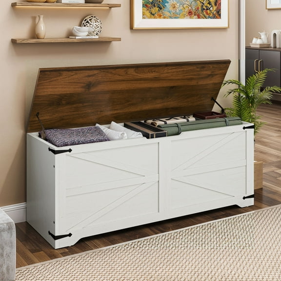 ModFusion 47.2" Farmhouse Storage Bench with Safety Hinges, Wooden Organizer Chest for Entryway and Living Room, Made Old White