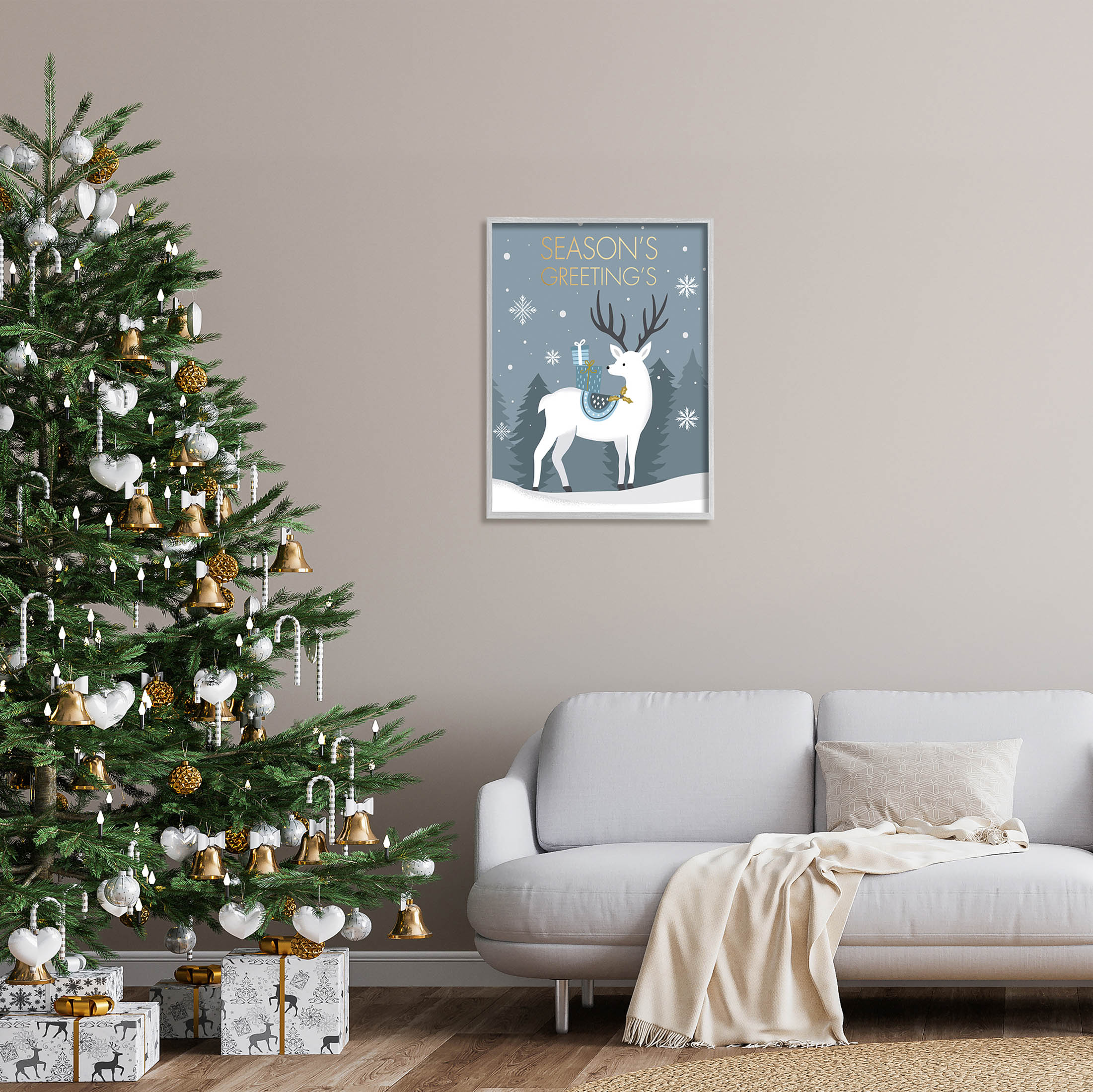 Stupell Industries Season's Greetings Holiday Reindeer Graphic Art Gray Framed Art Print Wall Art, Design by Louise Allen Designs