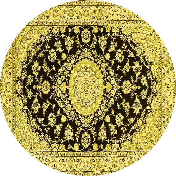 Ahgly Company Machine Washable Indoor Round Medallion Yellow Traditional Area Rugs, 8' Round