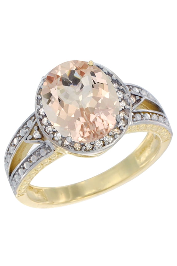 14K Yellow Gold Natural Morganite Ring Oval 9.5x7 mm Diamond Halo, size 9.5