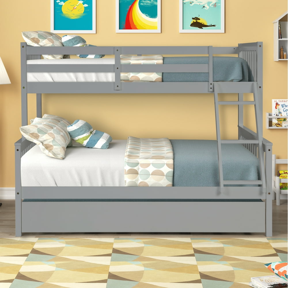 Kids Full Dark Grey Mission Bed with Twin Trundle Bunk, Wood Twin Over