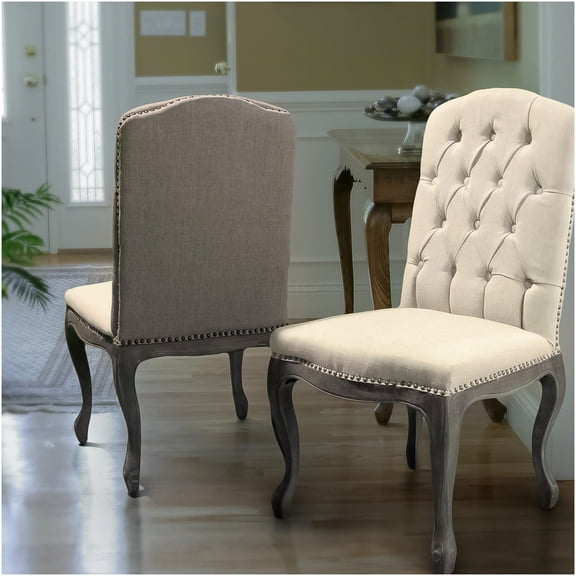 Beige Fabric Upholstered Dining Chairs Set of 2, Button Tufted Accent Chairs with Weathered Wood Legs for Kitchen and Dining Room