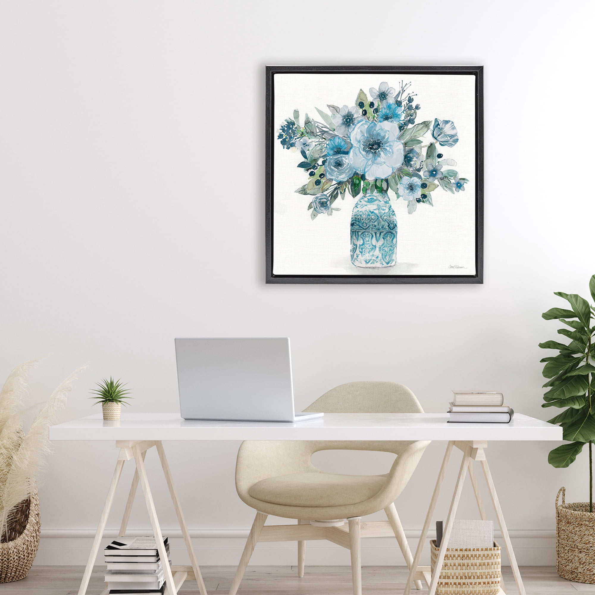 Stupell Industries Pastel Blue Botanical Bouquet Black Framed Floater Canvas Wall Art, design by Carol Robinson