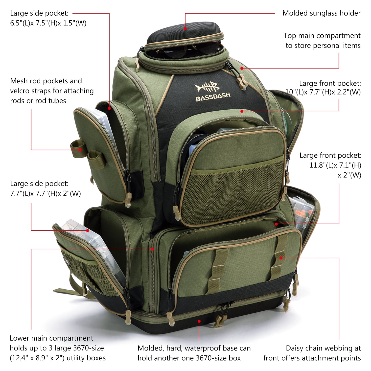Bassdash Water Resistant Lightweight Tactical Fishing Tackle Box with Protective Rain Cover