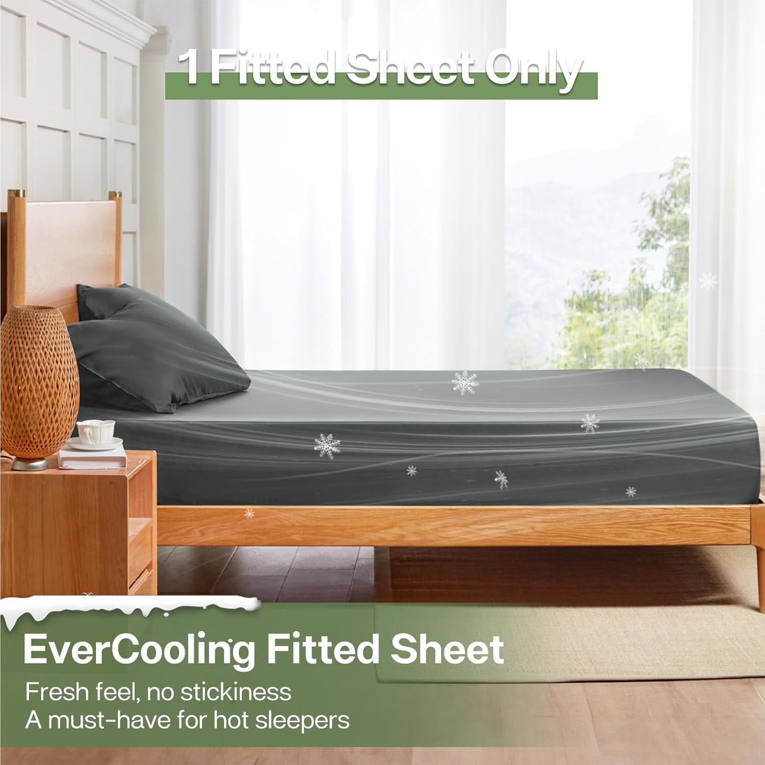 Queen Fitted Sheet Only, Ultra-Soft Rayon Derived from Bamboo & Polyester Blend, Silky Breathable, 15" Deep Pocket with Elastic Straps, Cooling for Hot Sleepers, Dark Grey