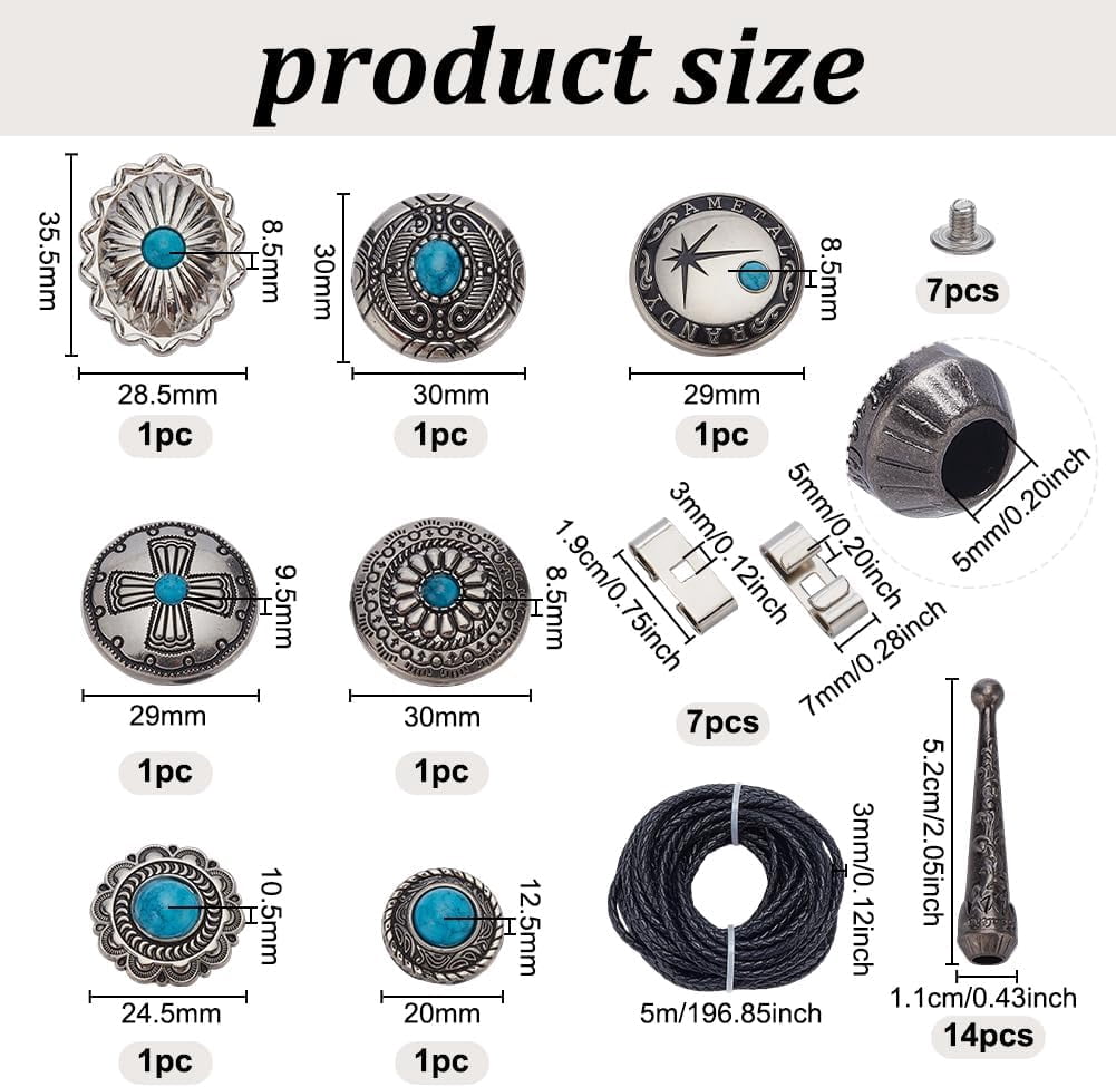 1 Set 28Pcs Bolo Tie Findings Kit Bolo Tie Tips Replacement Kit Bolo Tie Buckle Accessories with 14Pcs Alloy Cord End 7Pcs Bolo Tie Slide Clasps and 7Pcs Alloy Turquoise Buttons for Bolo Tie Making