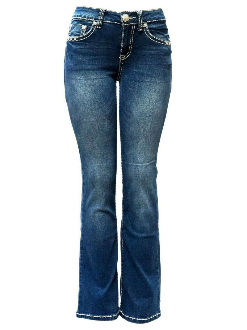 【YOURNUS】Lighten Snap Bootcut Denim Jack David Rhinestone Studs Dark Wash Denim Flap Pocket