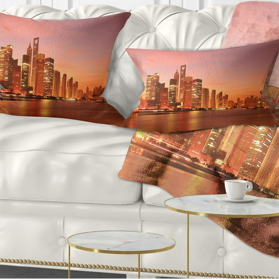 Designart Shanghai Skyline at Dawn - Cityscape Photo Throw Pillow - 12x20