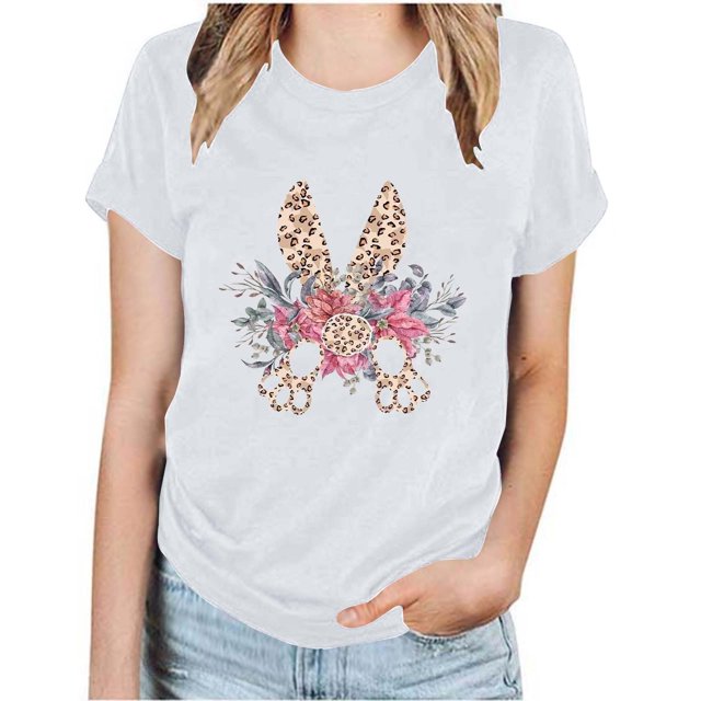 RKSTN Hauts pour Femmes Tendance 2024 Décontracté Ample Pâques Graphique Imprimé Blouse Hauts Mode Été Col Rond Manches Courtes T-shirt