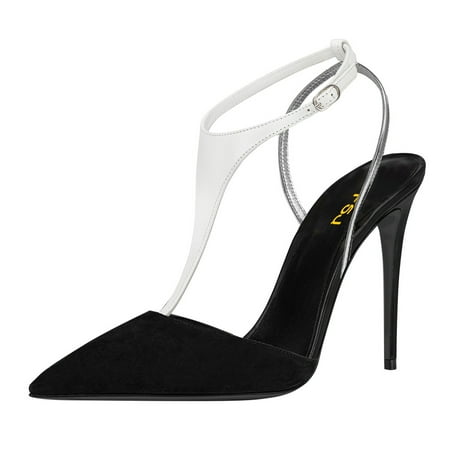 FSJ Women Sexy Stiletto High Heels Pumps Pointy Close Toe D Orsay Slingback T-Strap Buckle Slide Sandals Casual Work Formal Shoes Size 12 Black Silver Strap