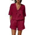 thumbnail image 2 of Costeam Womens Two Piece Outfit Tie Knot V Neck Short Sleeve Top and Elastic Drawstring Waist Shorts Set Linen Blend Matching Set with Pockets, 2 of 9