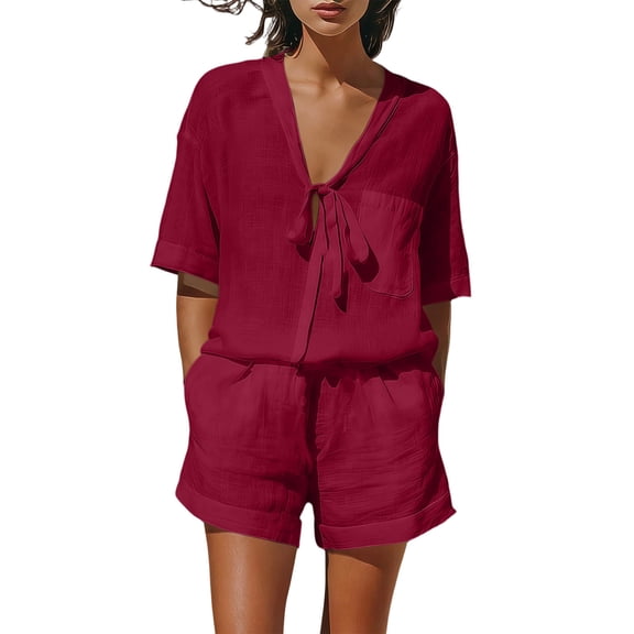 QIYAGBSA 2 Piece Sets for Women V Neck Tie Front Top and Shorts with Pockets Relaxed Fit Summer Vacation Beach Resort Outfit (Wine 2XL)