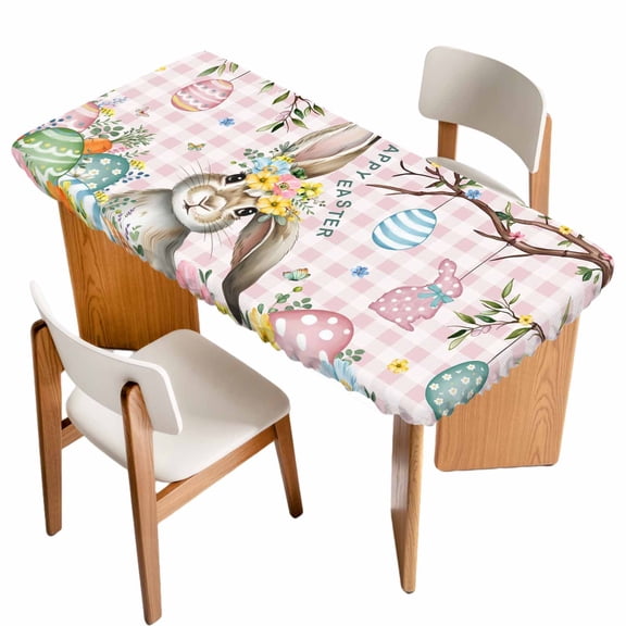 Pink Easter Bunny Table Cloths for 5 Foot Rectangle Tables, Spring Easter Eggs Floral Buffalo Plaid Patio Waterproof Elastic Fitted Tablecloths, Washable Rectangular Table Cover for Camping
