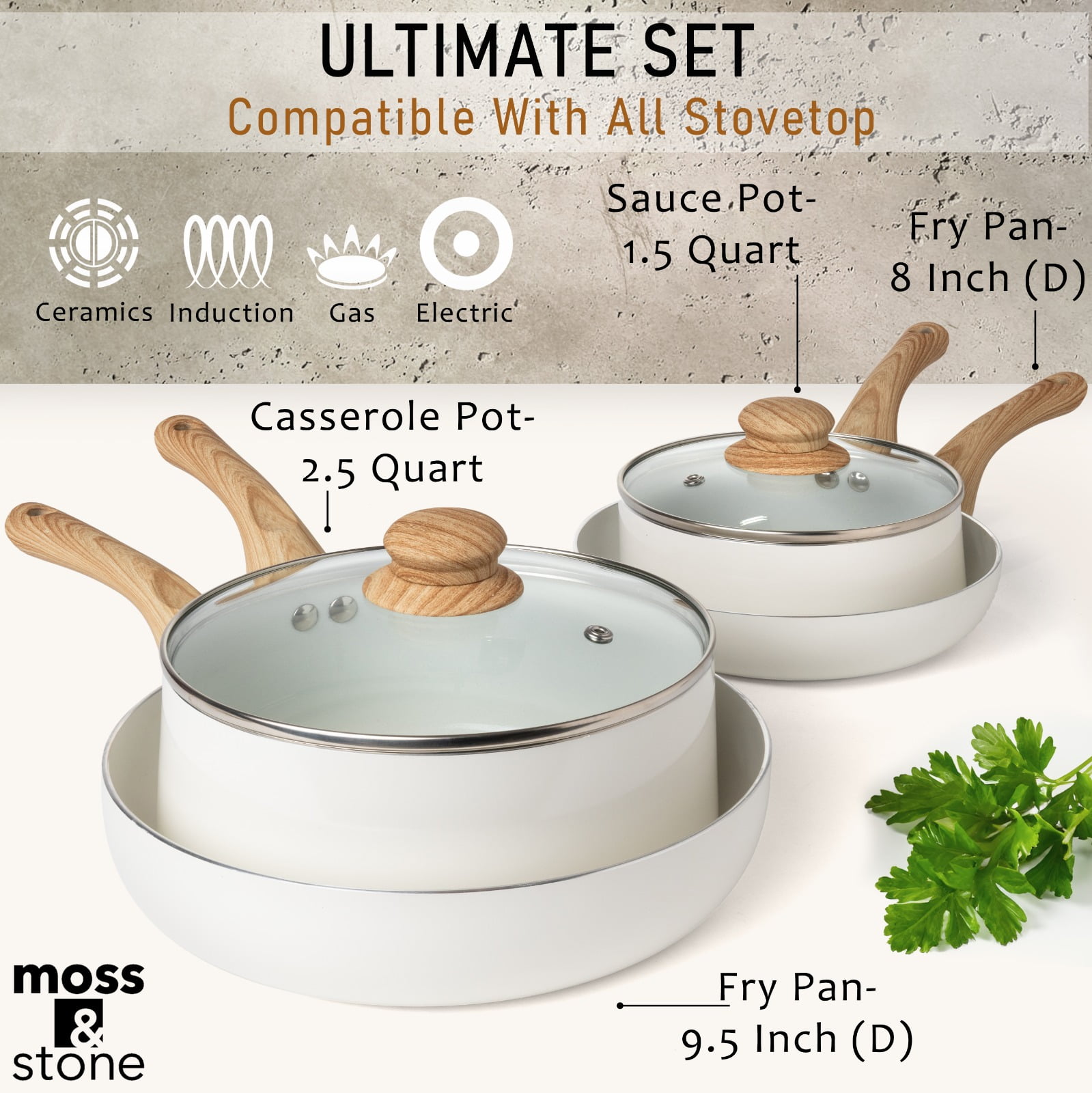 Moss & Stone 6 Piece White Nonstick Cookware Set, Pots And Pans Set Non stick With Glass Lid, Induction Cookware, Stay-Cool Handles, PTFE/PFOA Kitchen Cookware 6-Piece with Frying Pans Set & Saucepan