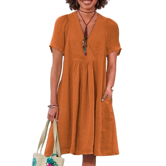 Quixlent Women Cotton Linen Dress Short Sleeve V Neck A-Line Swing Dress Summer Casual Beach Vacation Sundress with Pockets