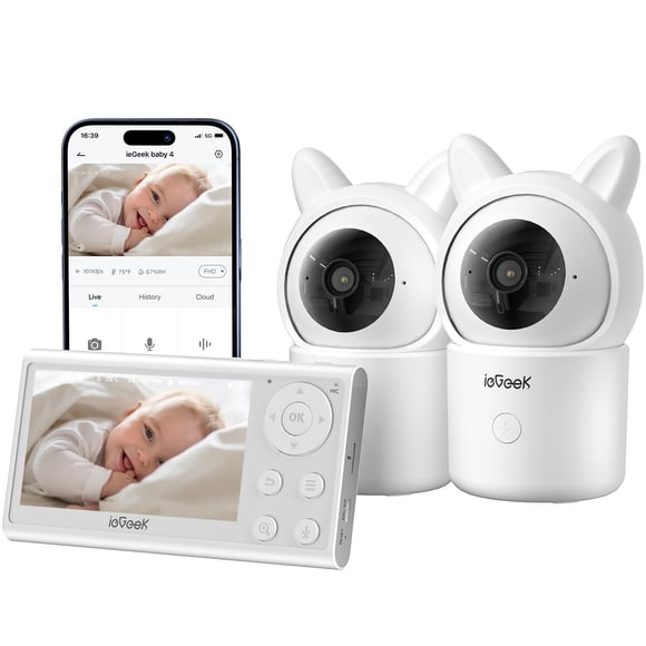 ieGeek Vigilabebés con 2 cámaras, Vigilabebés con vídeo en pantalla dividida con audio y cámara 1080P Pantalla de 4,3" - Visión nocturna, conversación bidireccional, detección de llanto y movimiento,