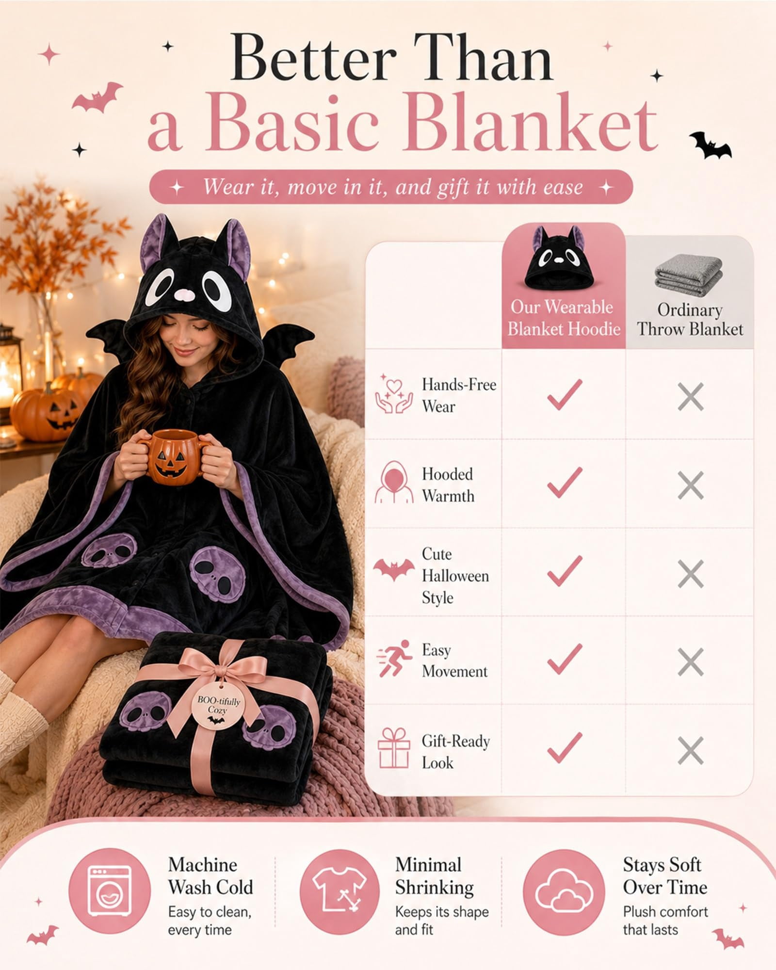 Bat Snug Bat Blanket Bat Hoodie Wearable Blanket Hoodie Throw Halloween Plush Fleece Oversized Soft Warm Cozy Adult Women Gift