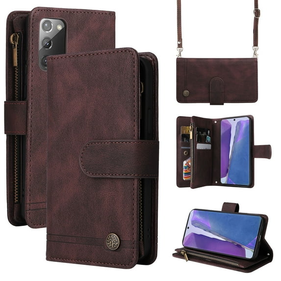 Feishell for Samsung Galaxy Note20 Ultra Zipper Wallet Case with Wrist Strap & Shoulder Strap,Premium PU Leather Magnetic Clasp Flip Holder Card Slots Crossbody Phone Case for Women Men,Brown