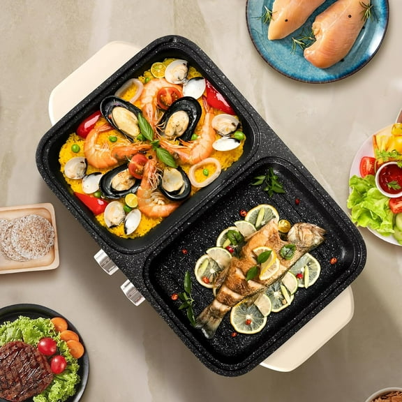 Hot Pot Electric Grill 2 in 1 Korean BBQ Grill Indoor Smokeless Hotpot Pot Electric Cooker Sahabu Shabu Pot Non Stick (Small)