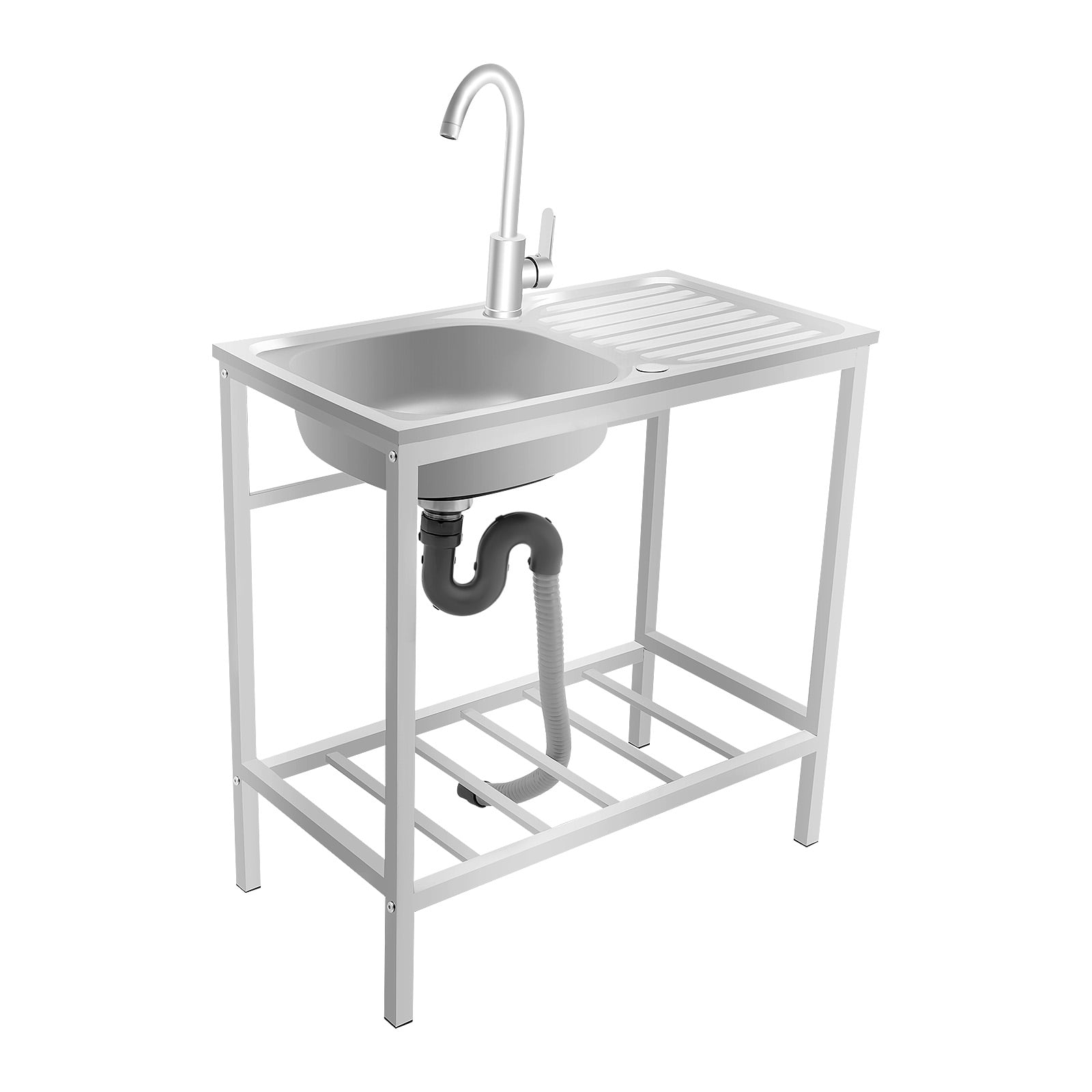 Kitchen Single Bowl Sink with 360° Rotatable Faucet, Catering Sink with Bottom Shelf, Utility Sink