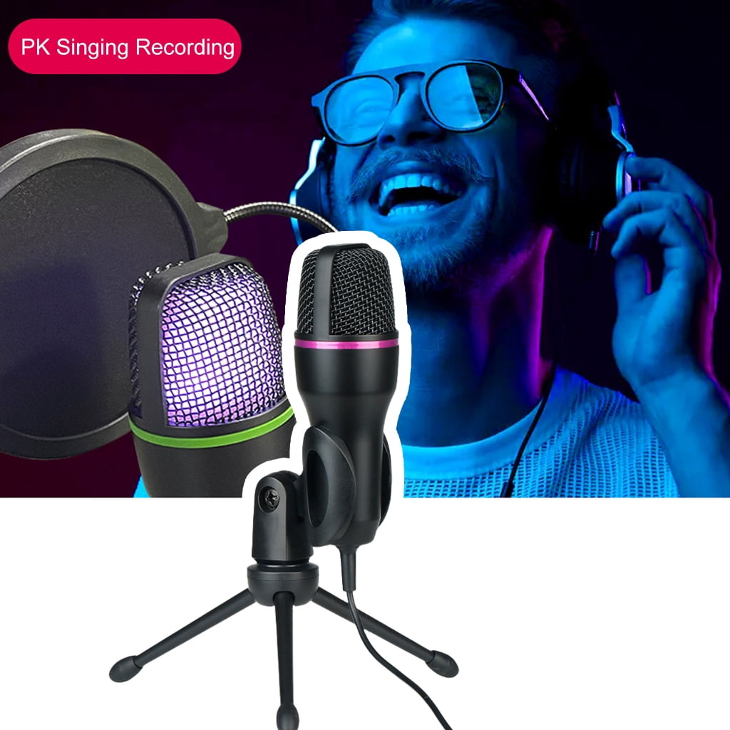 LED Condenser Microphone Professional Mic for Gaming Karaoke Singing and Recording with Stand Plug and Play