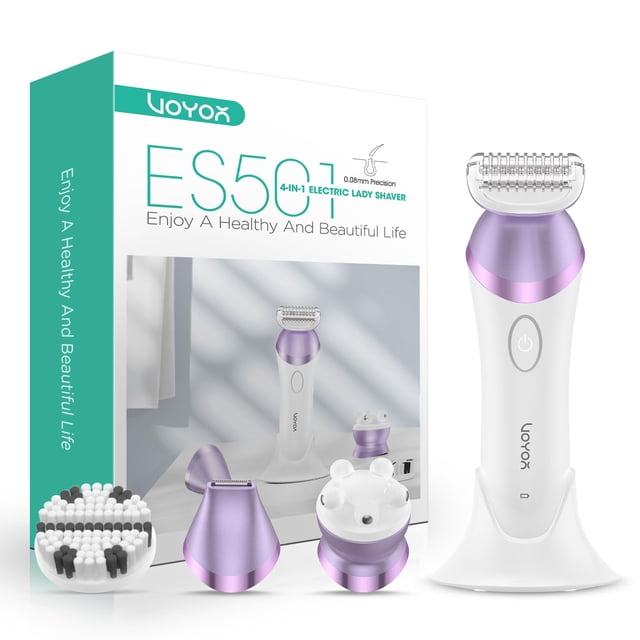 VOYOR Rasoirs Électriques pour Femmes 4 en 1 Tondeuse Bikini, Rasoir à Grille pour Femmes 4 Têtes de Rechange pour le Corps, Tondeuse pour Poils Pubiens, Nettoyage, Massage 2 Vitesses Réglables Rasoir Rechargeable