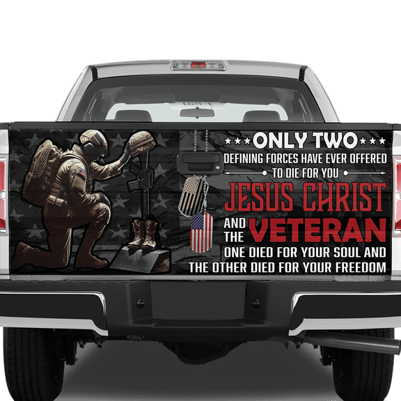 Lotusprinthandmade Jesus Christ and Veteran Only Two Defining Forces Tailgate Wrap 2 Sizes (24"x58")