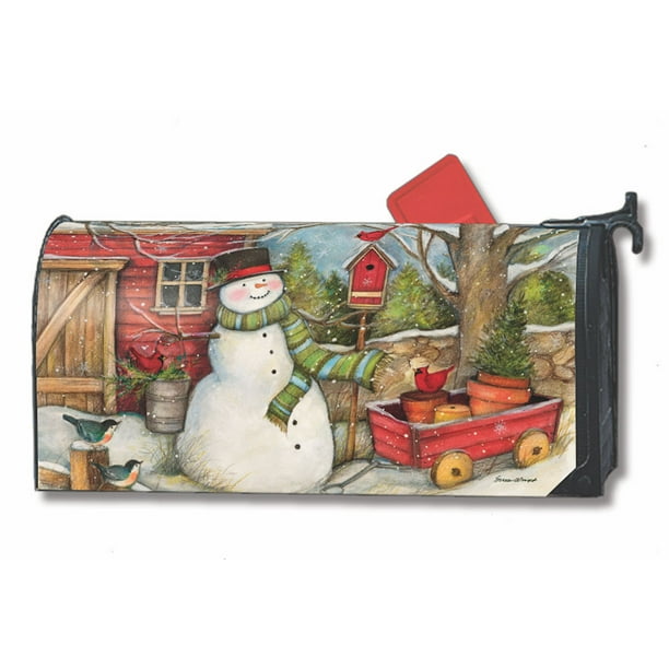 Red Barn Snowman Winter Mailbox Cover Cardinals Wagon MailWraps