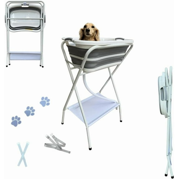 Collapsible Elevated Pet Bathtub, Foldable Washing Station for Small to Medium Dogs and Cats, Portable Pet Shower and Grooming Stand for Indoor and Outdoor Use