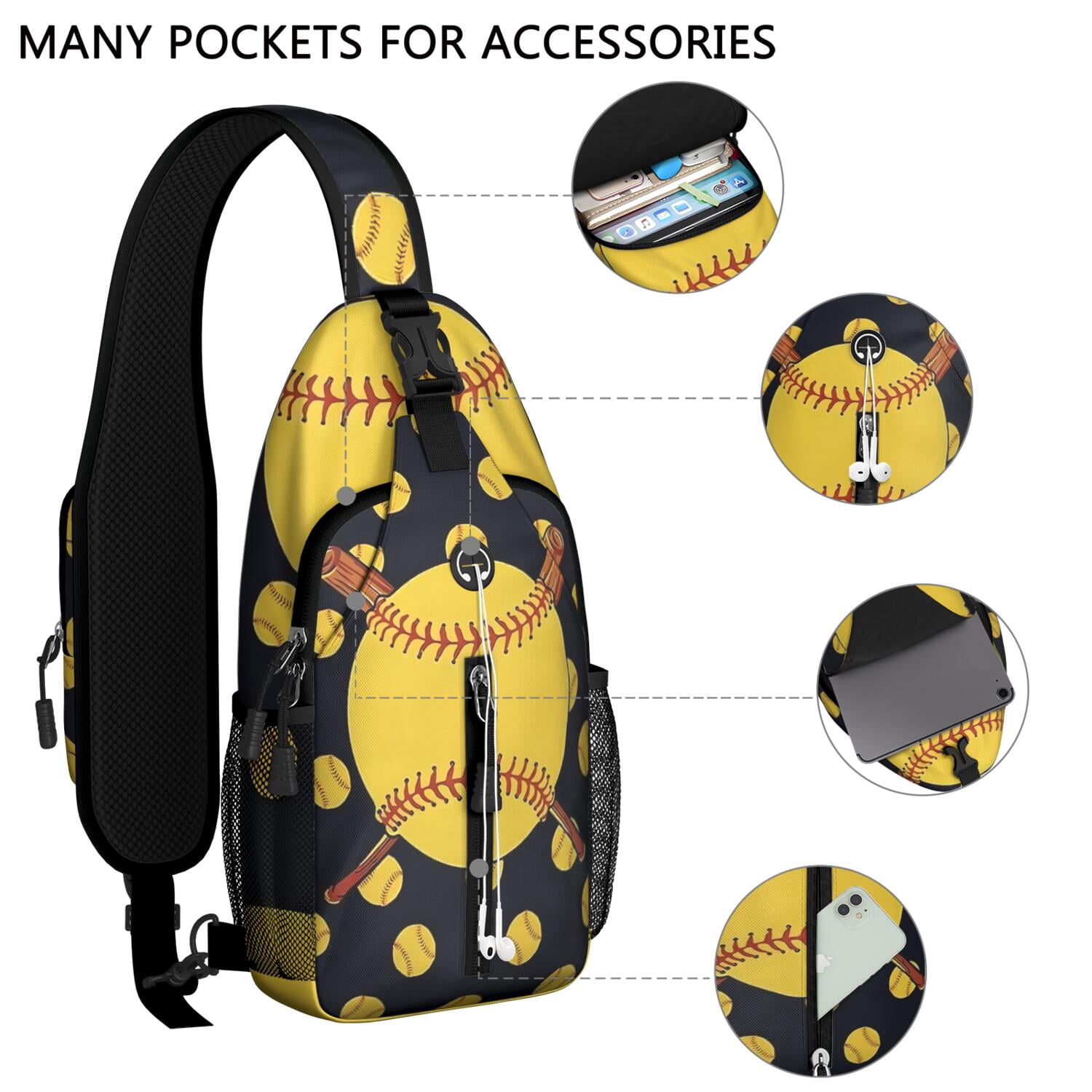 Baseball and Football Print Sling Bag for Boys – Lightweight Durable Polyester Crossbody Backpack with Secure Zippers, Large Compartments, Mesh Side Pockets for Training, Competition, and Outdoor Play
