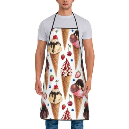 

Chef Aprons for Men and Women - Strawberry Blueberry Ice Cream Oil-Resistant Bib Aprons for Cooking Waterproof BBQ Grilling Kitchen Aprons Gifts for Women and Men