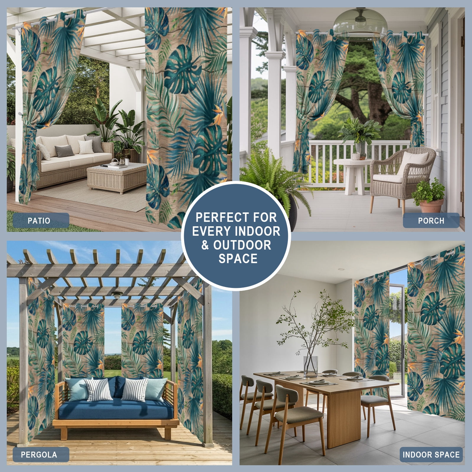 Palm Leaves Outdoor Curtains for Patio, Summer Brown Wood Grain Tropical Botanical Sunshade Privacy Drapes Grommet Waterproof Outside Curtains for Porch/Cabana/Balcony 54"x 108", 1 Panel