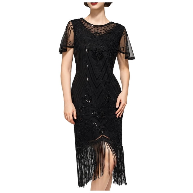 Robes Grande Taille Flapper Années 1920 Col en Dentelle Super Rugissant Années 20 avec Manches Harlem Soirée Robe Grande Taille Noire TTG