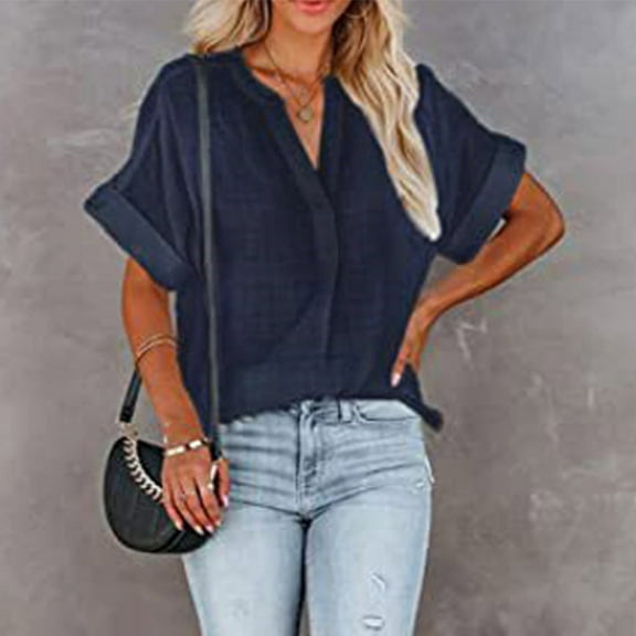 Pntutb Womens Plus Size Summer Short Sleeve T-Shirts Solid V-Neck Casual Blouse Tops Blue XXL