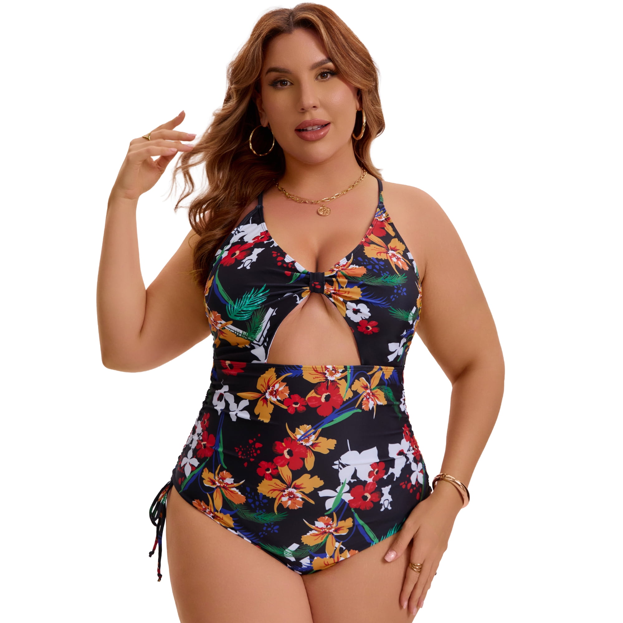 DARING DIVA Women's Plus Swimsuit Tummy Control Cutout Monokini 1X Yellow Red Floral