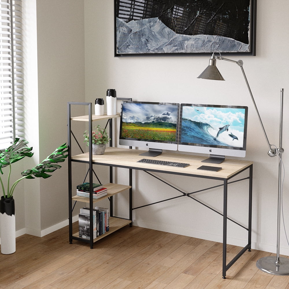 Bestier 55 Inch Computer Desk with Shelves in Oak