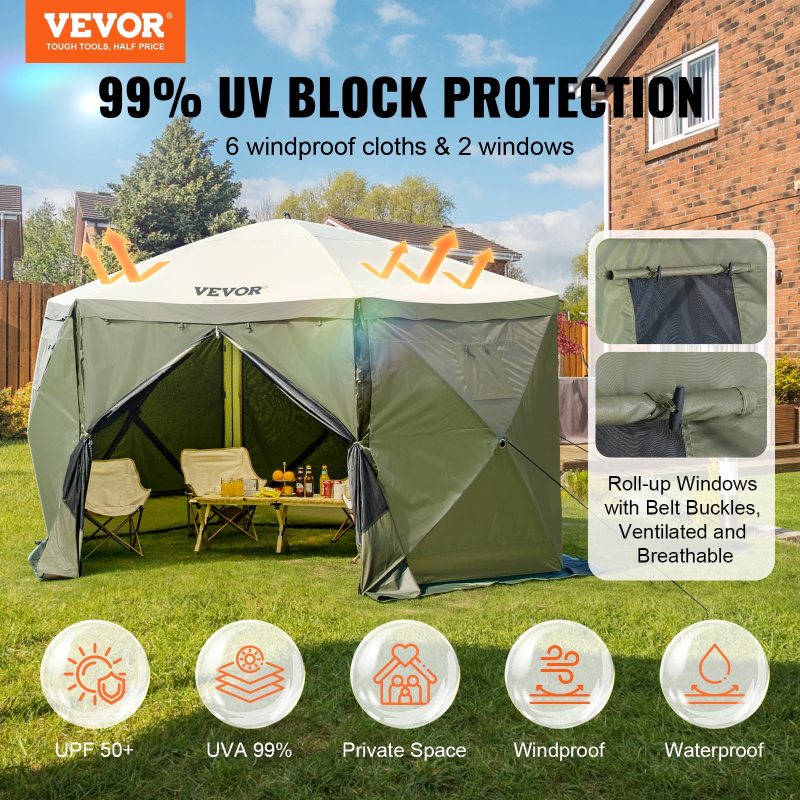 VEVOR Pop up Gazebo Tent, Pop-Up Screen Tent 6 Sided Canopy Sun Shelter with 6 Removable Privacy Wind Cloths & Mesh Windows, 12x12FT Quick Set Screen Tent with Mosquito Netting, Army Green