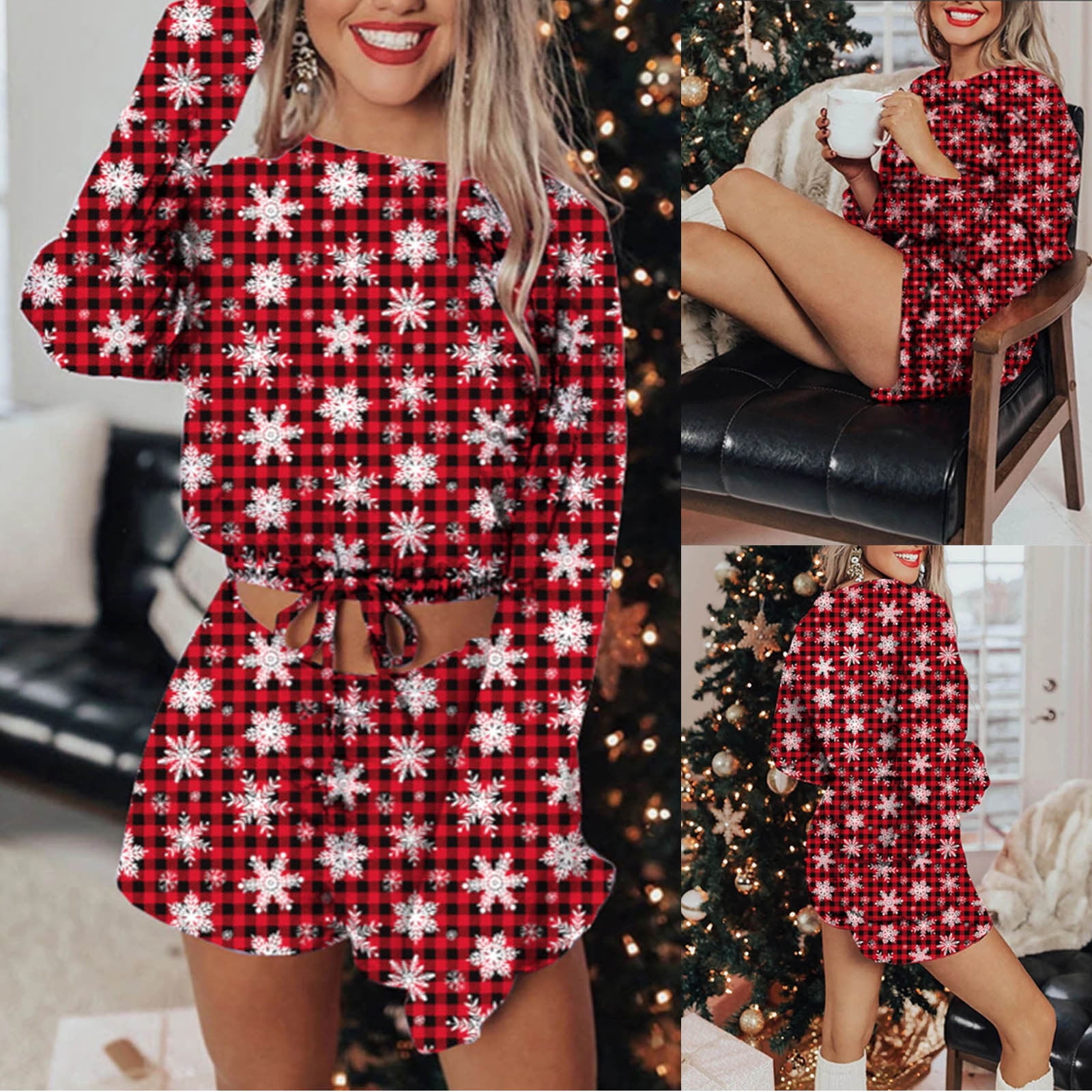 Blvb Women Christmas Pajamas Sets Red Plaid Snowflake Graphic Long Sleeve Drawstring Crop Tops Shorts Pjs Sets Sleepwear Red