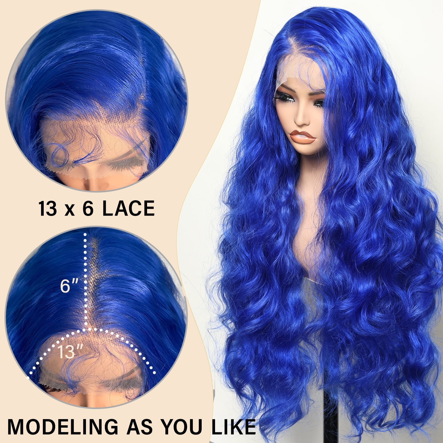 13x6 Lace Frontal Wig 32 Inch Blue Body Wave Synthetic Pre Plucked with Baby Hair Transparent Swiss Lace Heat Friendly Blue Colored Hair Lace Front Wigs for Women